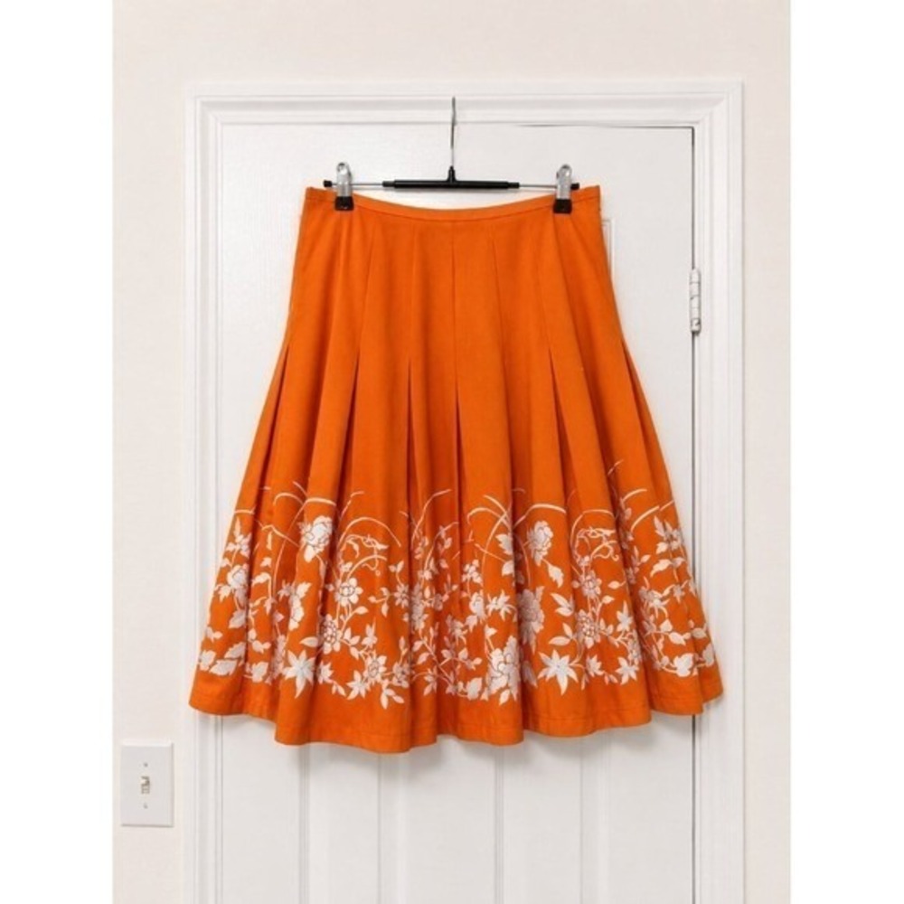 Ellen Tracy Orange Floral Midi Skirt Box Pleat Cottagecore Retro Garden Party - Picture 2 of 3